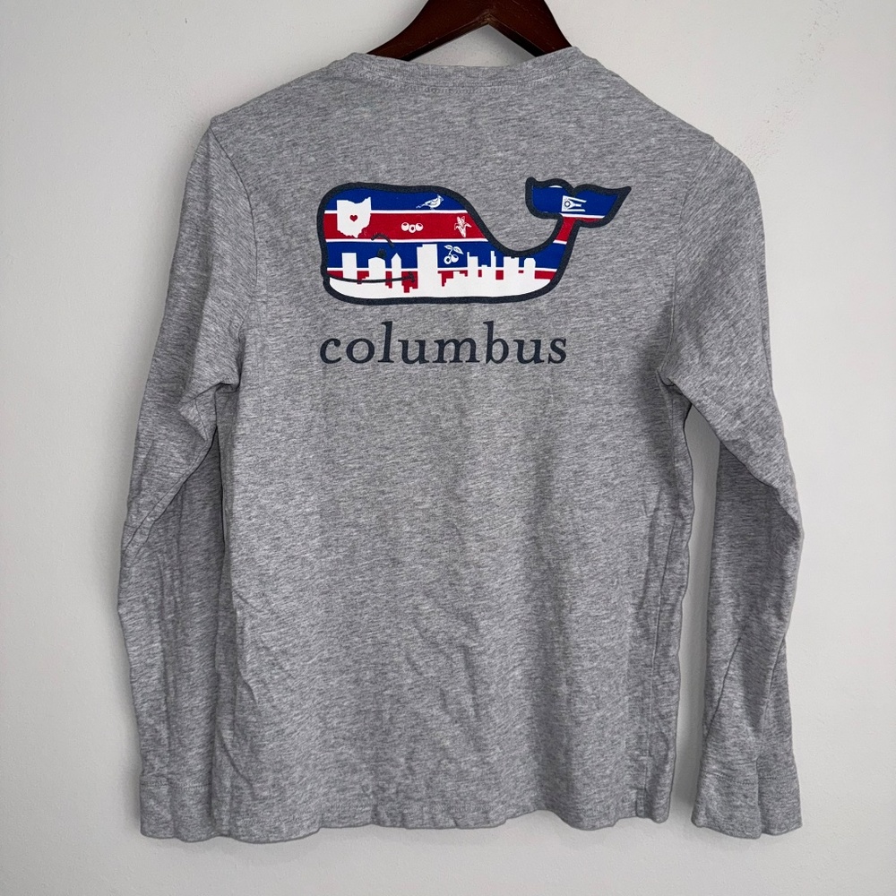 VINEYARD VINES Boys Large 16 Gray Long Sleeve Red Blue Columbus Ohio Pocket Tee